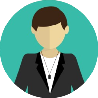 Ícono de persona con traje morado, camisa verde y moño, sobre fondo rojo.