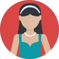 Ícono de persona con un vestido azul, cabello largo color negro con un liston azul claro y un collar de perlas, sobre fondo rojo.