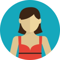 Ícono de persona con un vestido rojo, cabello corto color café, sobre fondo azul.