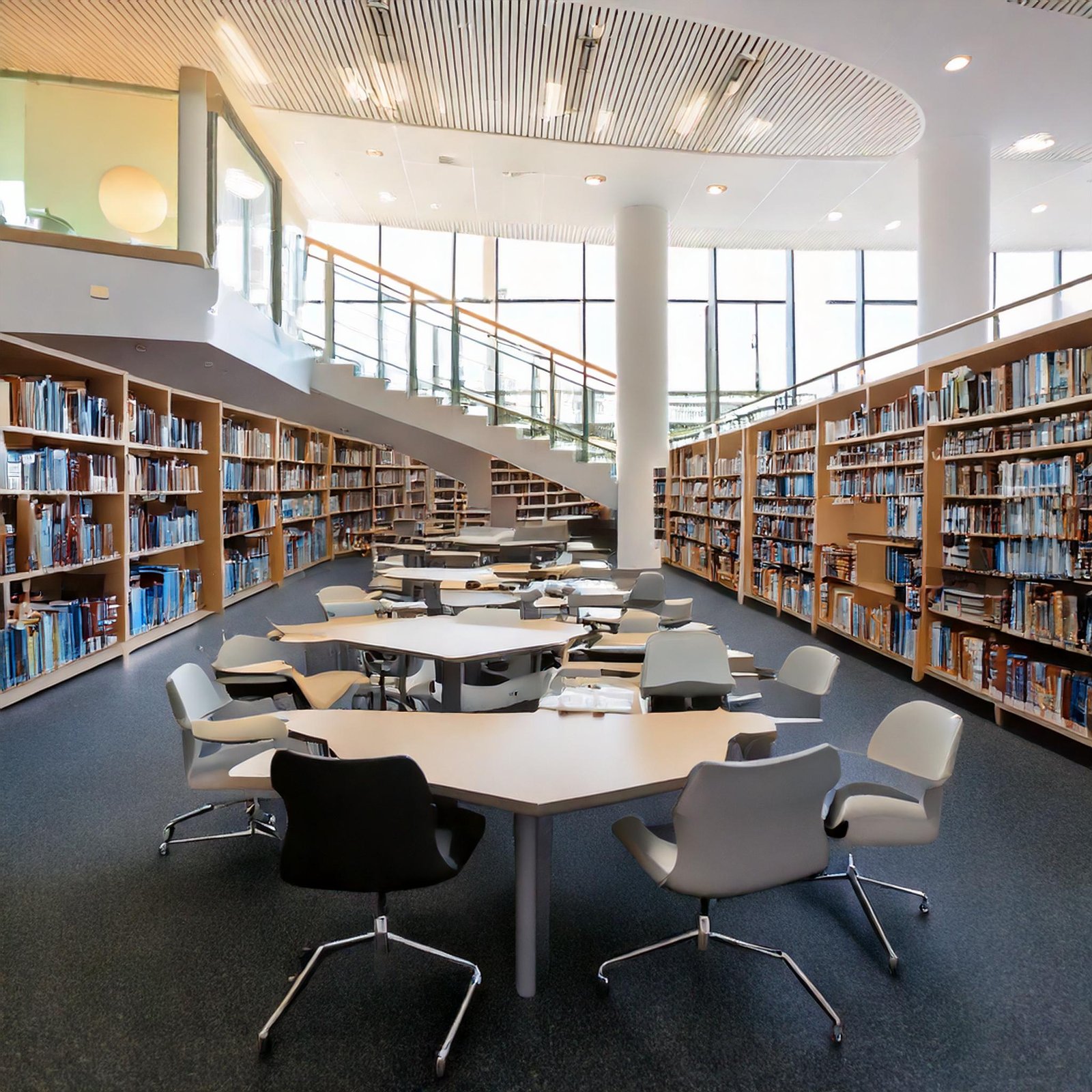 Biblioteca moderna con estanterías de libros, mesas de estudio y sillas ergonómicas.