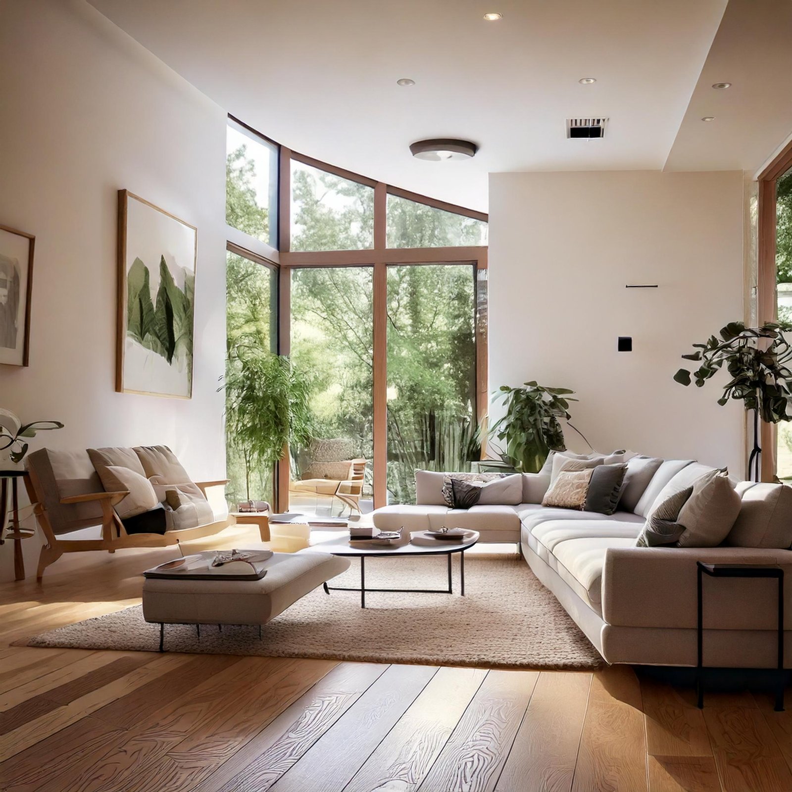 Sala de estar moderna y luminosa con grandes ventanales, sofá en L y decoración minimalista.