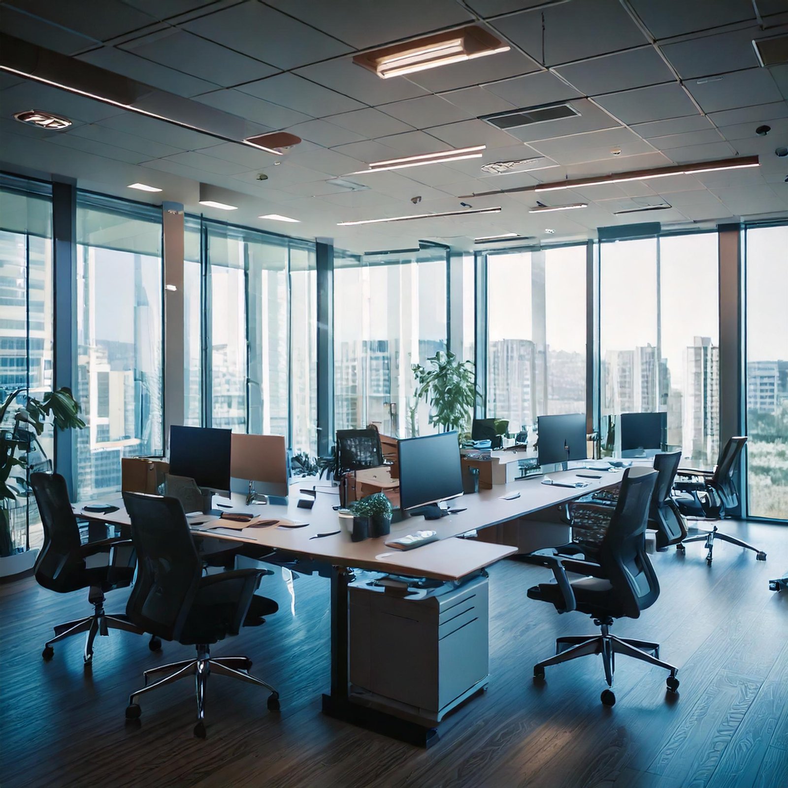 Oficina moderna con estaciones de trabajo, grandes ventanales y vista a la ciudad.