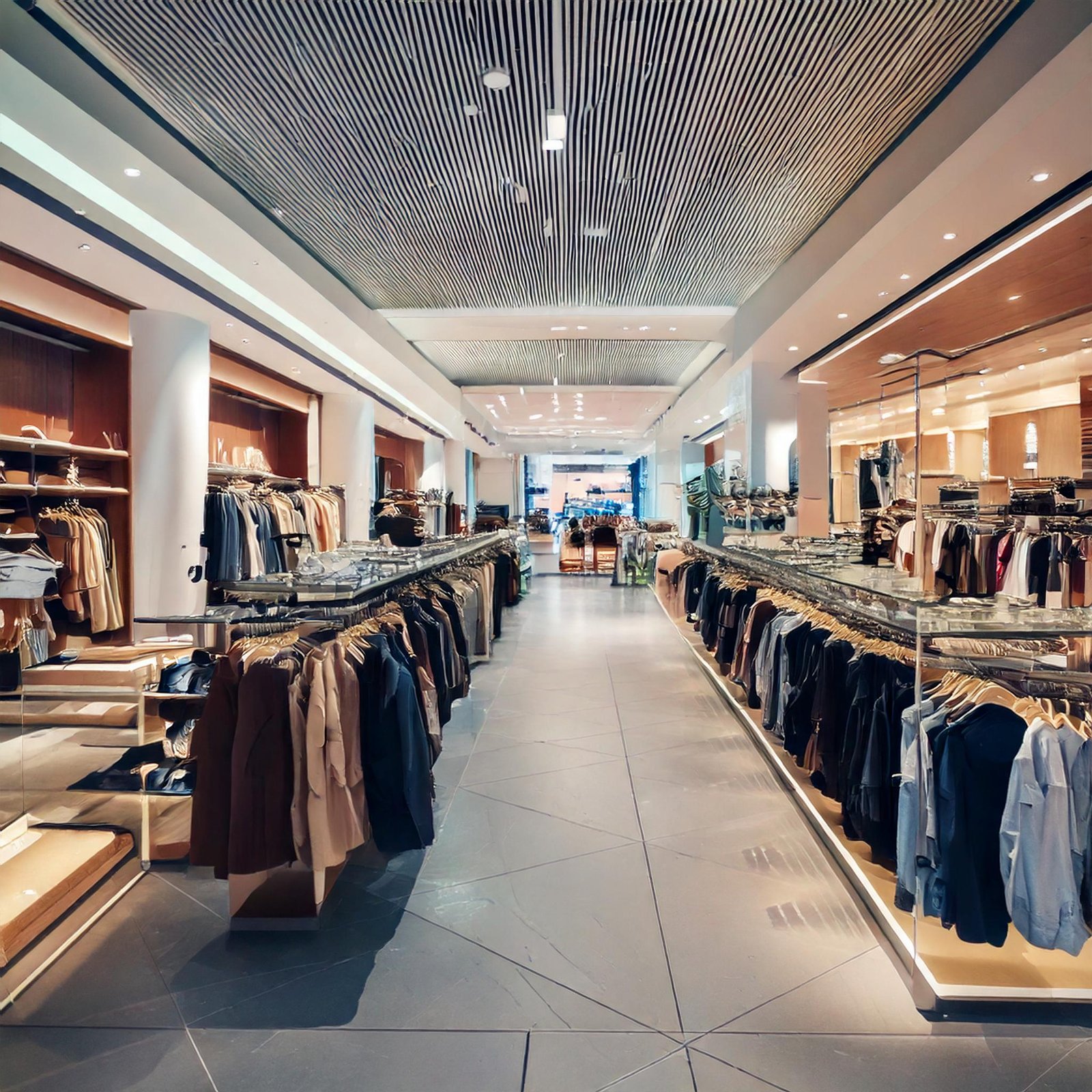 Interior de una tienda de ropa moderna con iluminación elegante y estantes organizados.
