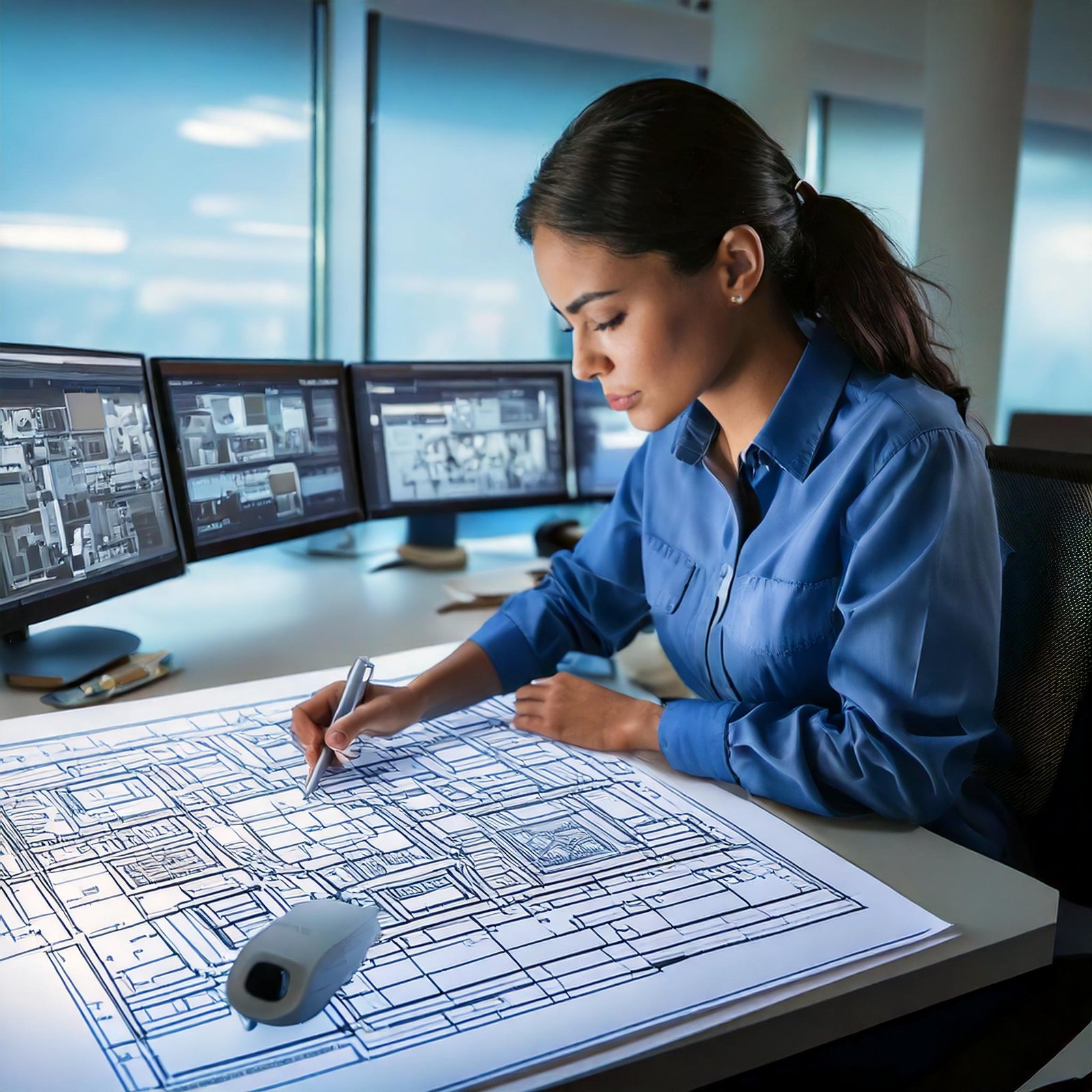 Especialista en seguridad diseñando un sistema de vigilancia en un plano, con cámaras de seguridad y sensores en la mesa.