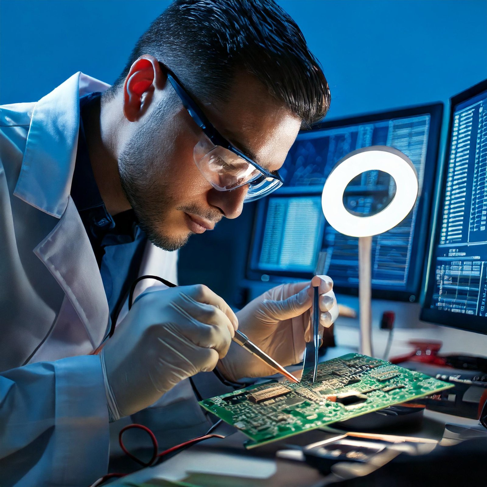 Un técnico de laboratorio con gafas de seguridad y guantes, utilizando herramientas de precisión para reparar una placa de circuito. En el fondo se observan monitores con gráficos y datos, y una lámpara de anillo ilumina el área de trabajo.