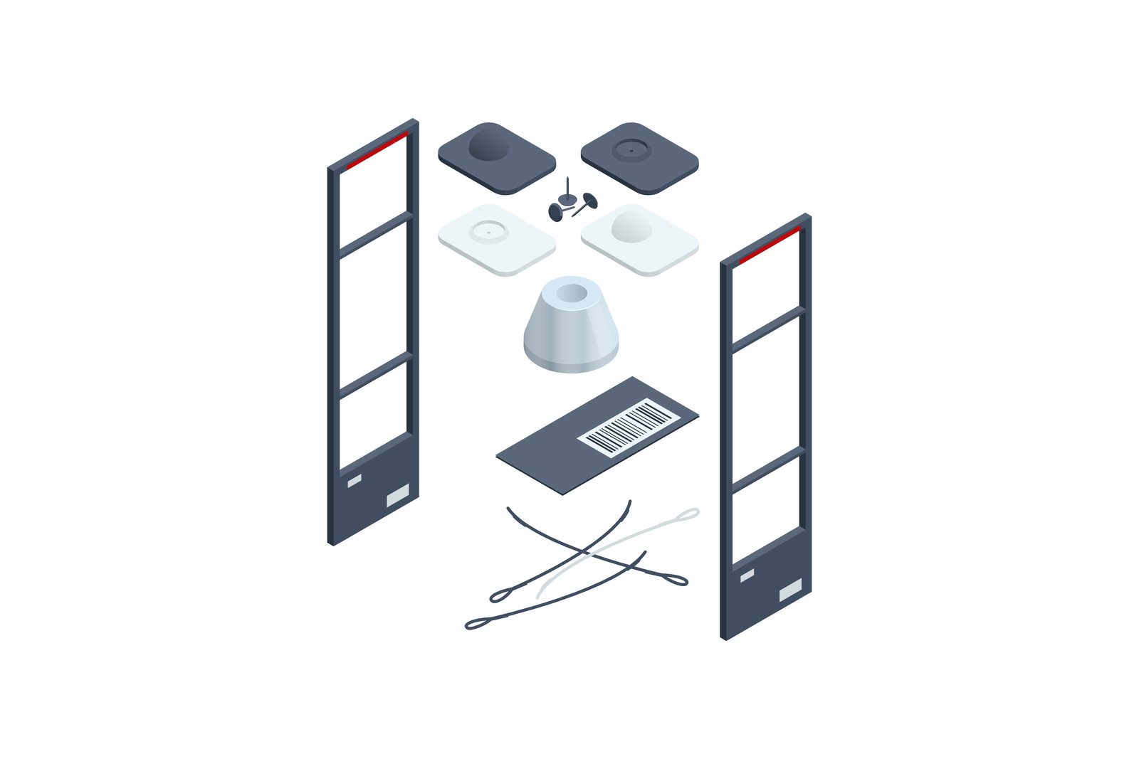 Componentes de tecnologías EAS, incluyendo antenas de seguridad, etiquetas de seguridad, y otros dispositivos utilizados para la detección de mercancía en tiendas.